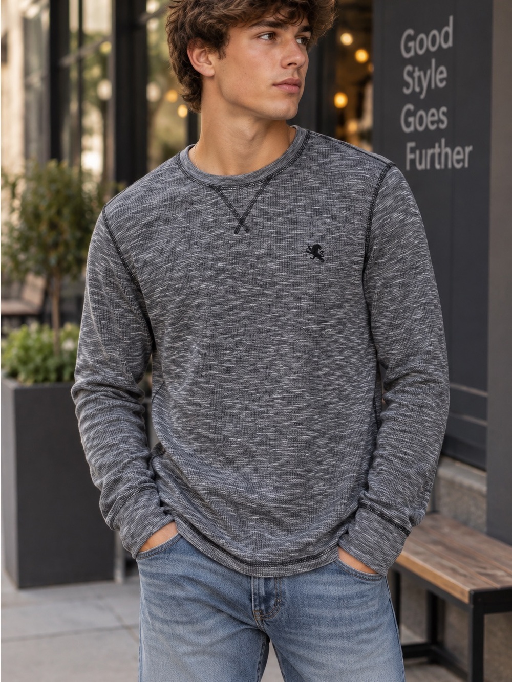 Express Men’s M Gray Waffle Knit Long Sleeve Thermal Shirt Embroidered Lion